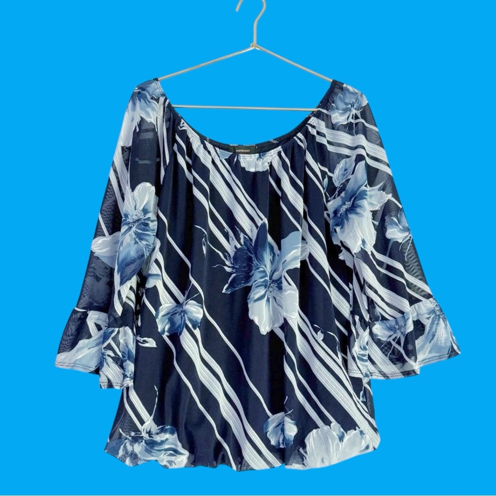 Espresso Floral 3/4 Ruffle Sleeve Pullover Chiffon Blouse Women’s XL Navy - Picture 2 of 10